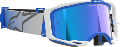 Alpinestars Vision 8 goggles with blue/white frame and blue mirror lens, designed for motorcycle riding protection and style.