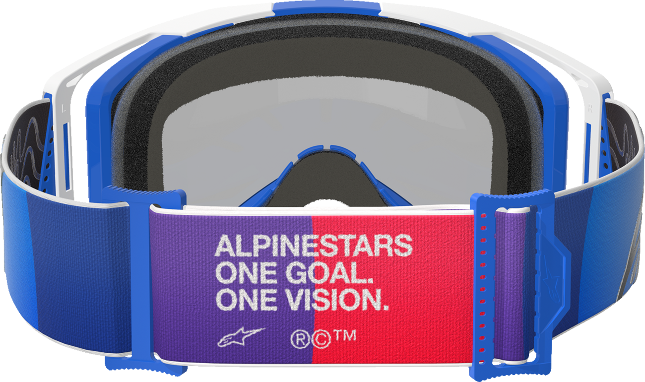 Alpinestars GOGGLES Vision 8 with blue mirror lens and white frame, designed for motocross or racing riders.