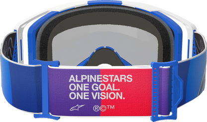Alpinestars GOGGLES Vision 8 with blue mirror lens and white frame, designed for motocross or racing riders.