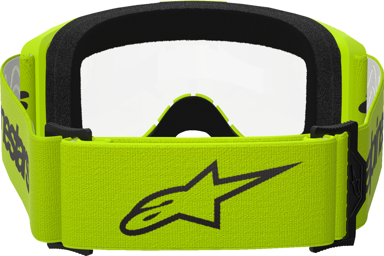 Alpinestars GOGGLES Vision 3 with yellow frame and clear lens, featuring a wordmark design for motocross or racing use.