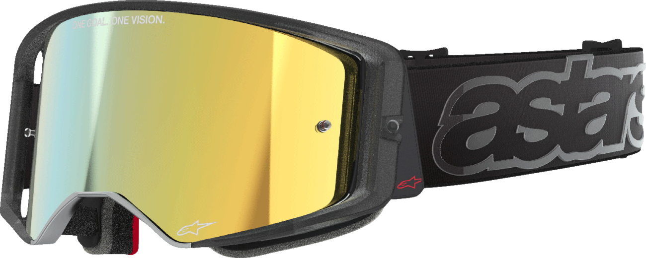 Alpinestars Supertech Vision Goggle in black with gold mirror lens, featuring a sleek design and adjustable strap for motocross riding.