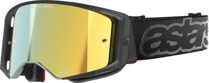 Alpinestars Supertech Vision Goggle in black with gold mirror lens, featuring a sleek design and adjustable strap for motocross riding.