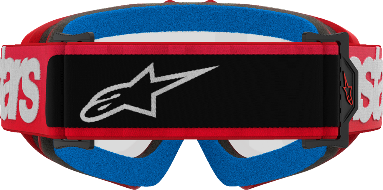 Alpinestars Youth Vision Goggle Blaze Red with clear lens showing adjustable strap and sporty design for motocross or dirt biking.