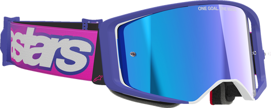 Alpinestars GOGGLES Supertech Vision Vista purple fluo and pink with blue mirror lens, designed for motocross or racing.