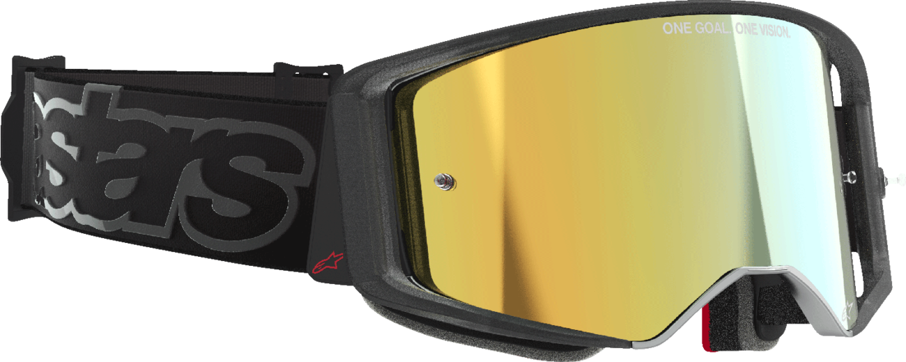 Alpinestars Supertech Vision Goggle in black with gold mirror lens, featuring a sleek design for motocross or racing use.