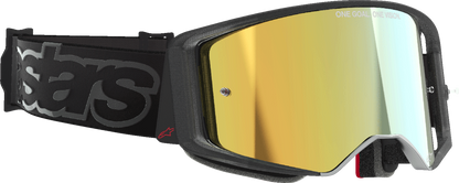 Alpinestars Supertech Vision Goggle in black with gold mirror lens, featuring a sleek design for motocross or racing use.