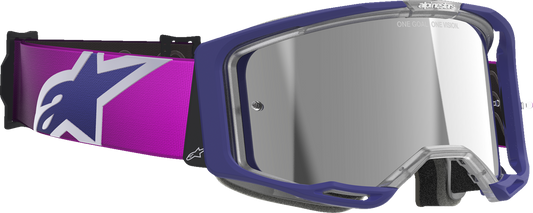 Alpinestars Vision 8 goggles in purple and light gray with silver mirror lens, featuring a sleek, sporty design for motocross riding.