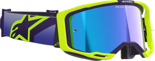 Alpinestars Vision 8 goggles in purple and yellow fluo with blue mirror lens, featuring a sleek design and adjustable strap.