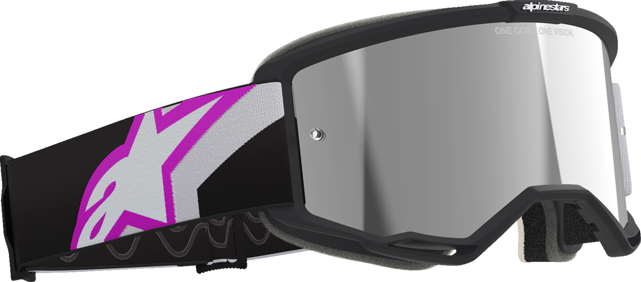 Alpinestars GOGGLES Vision 5 light gray and purple with silver mirror lens, designed for motorcycle riding.