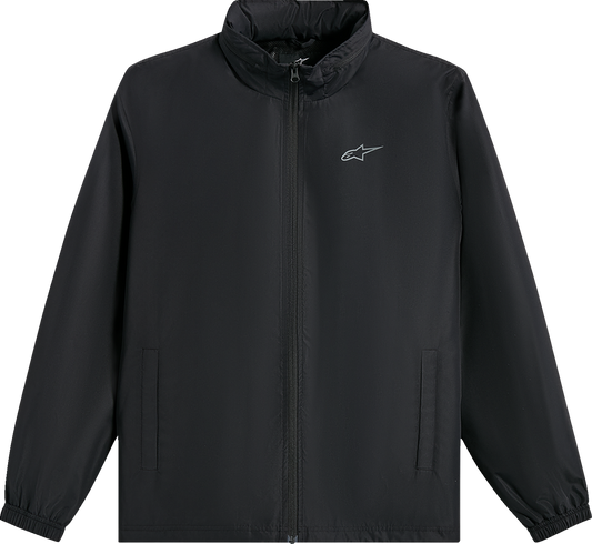 Black Alpinestars Overhaul Racer Jacket made of water-resistant 2.5L fabric, medium size, designed for motorcycle riding.