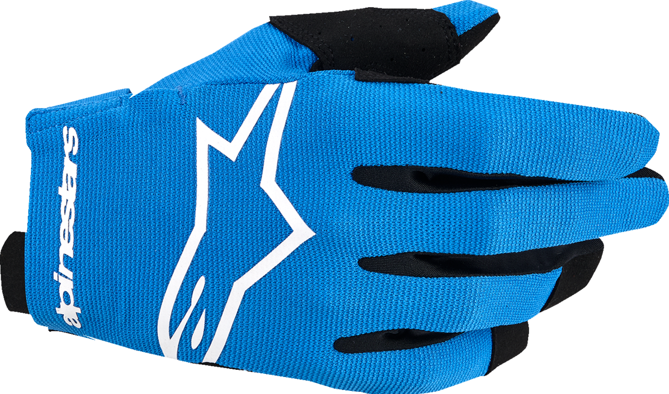 Alpinestars Youth Radar Gloves in UCLA Blue and White, size XS, showing blue and white motorcycle gloves with protective padding