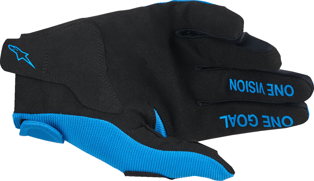 Alpinestars Youth Radar Gloves in UCLA Blue and White, size XS, showing protective motorcycle glove design and branding.