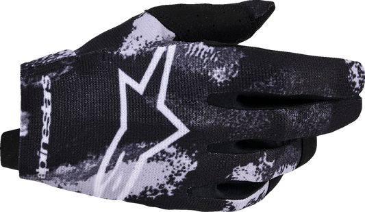 Alpinestars Youth Radar Gloves in Camo Iron, size XS, with reinforced knuckles and adjustable wrist strap, designed for motorcycle riding.
