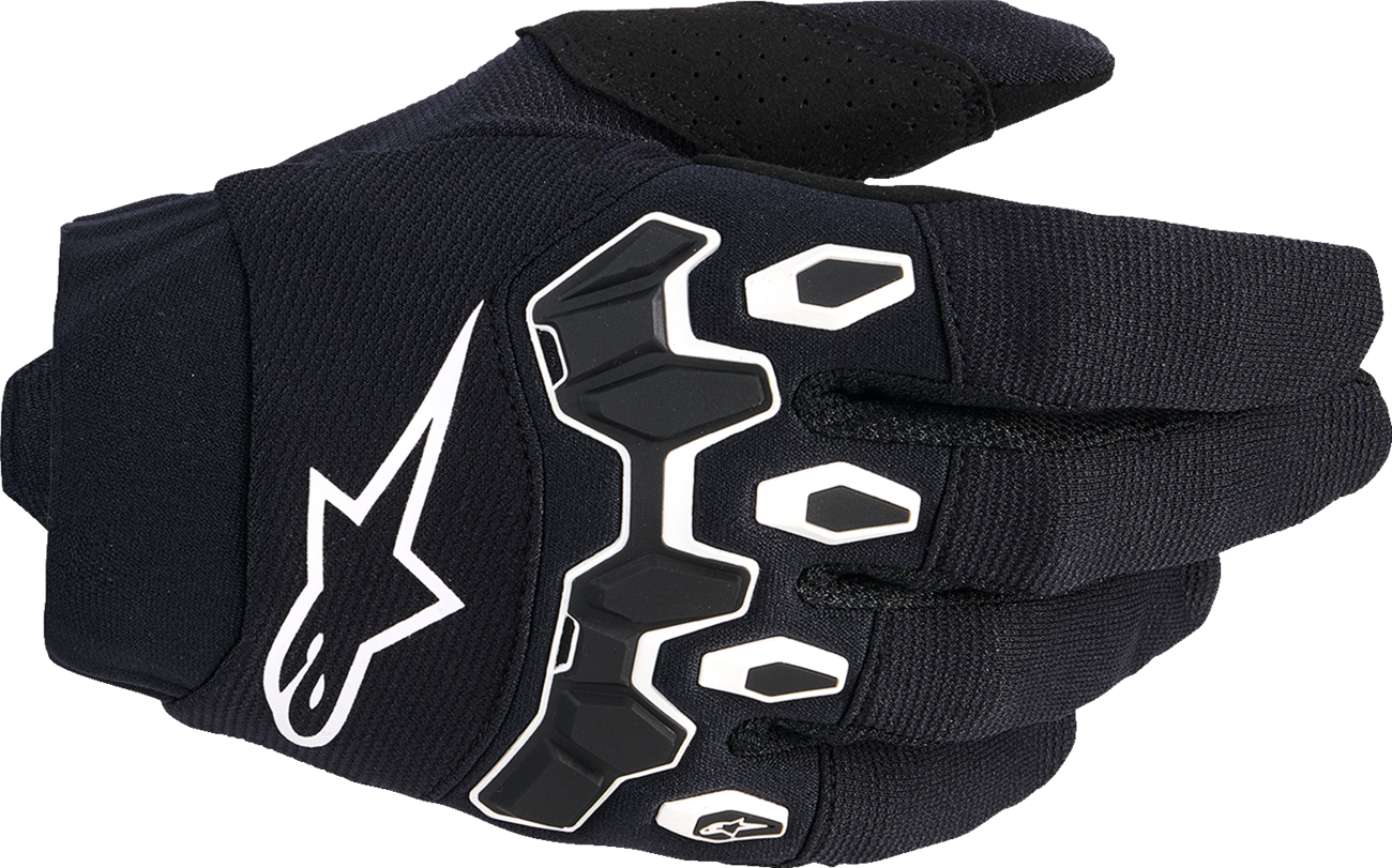 Alpinestars Youth Full Bore V2 motorcycle gloves in black and white, size 2XS, with protective padding and adjustable wrist strap.