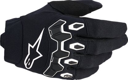 Alpinestars Youth Full Bore V2 motorcycle gloves in black and white, size 2XS, with protective padding and adjustable wrist strap.