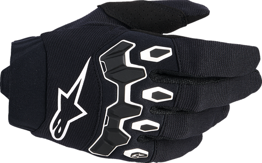 Alpinestars Youth Full Bore V2 motorcycle gloves in black and white, size 2XS, with protective padding and adjustable wrist strap.