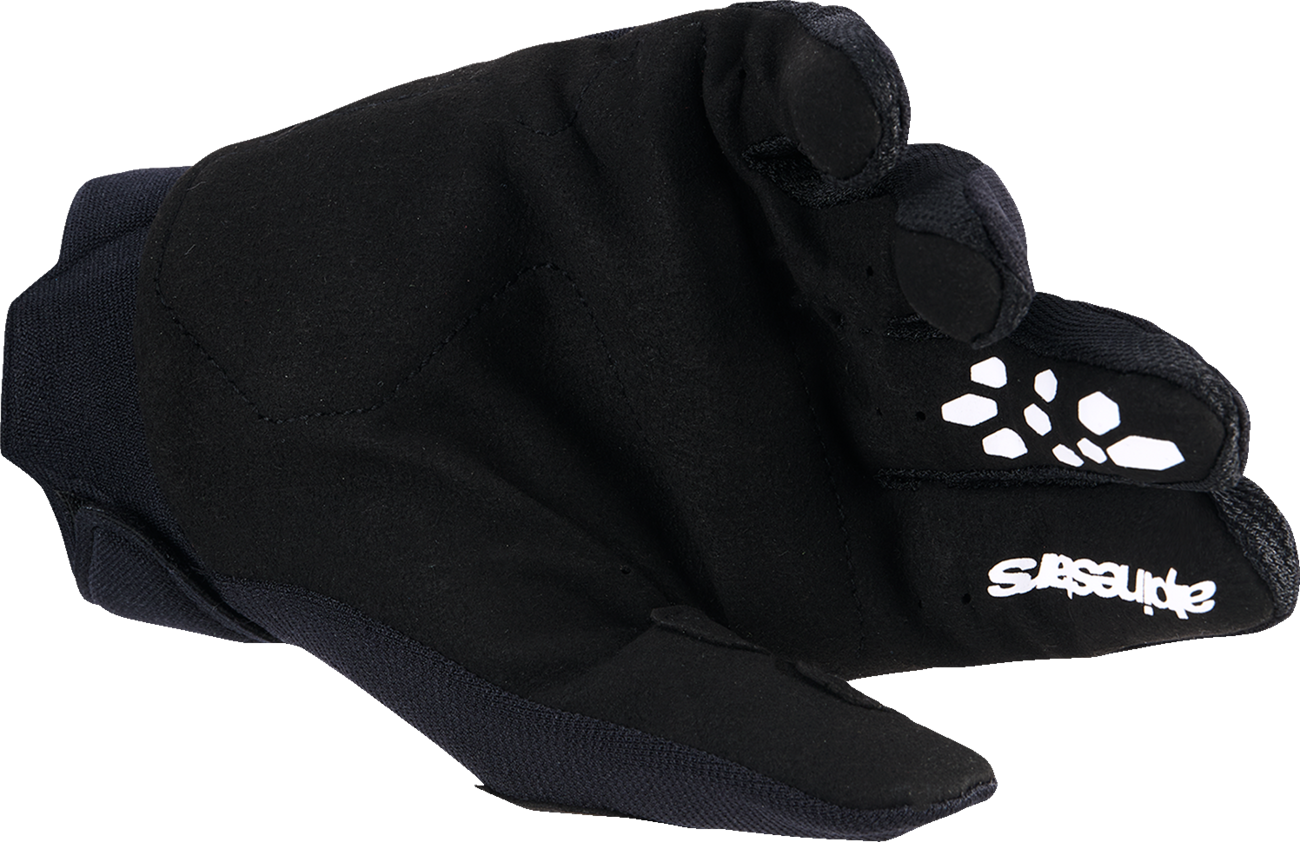 Alpinestars Youth Full Bore V2 gloves in black and white, size 2XS, featuring protective knuckles and adjustable wrist straps.