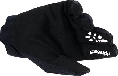 Alpinestars Youth Full Bore V2 gloves in black and white, size 2XS, featuring protective knuckles and adjustable wrist straps.