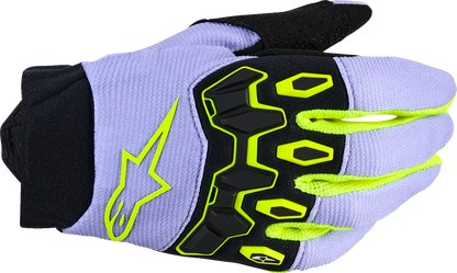 Alpinestars Youth Full Bore V2 gloves in purple and fluo yellow with size 2XS, showing the protective motocross glove design.