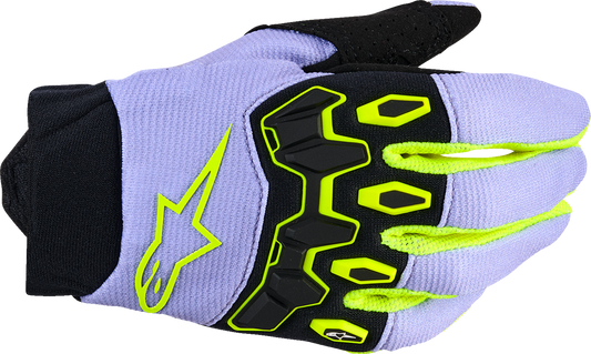 Alpinestars Youth Full Bore V2 gloves in purple and fluo yellow with size 2XS, showing the protective motocross glove design.