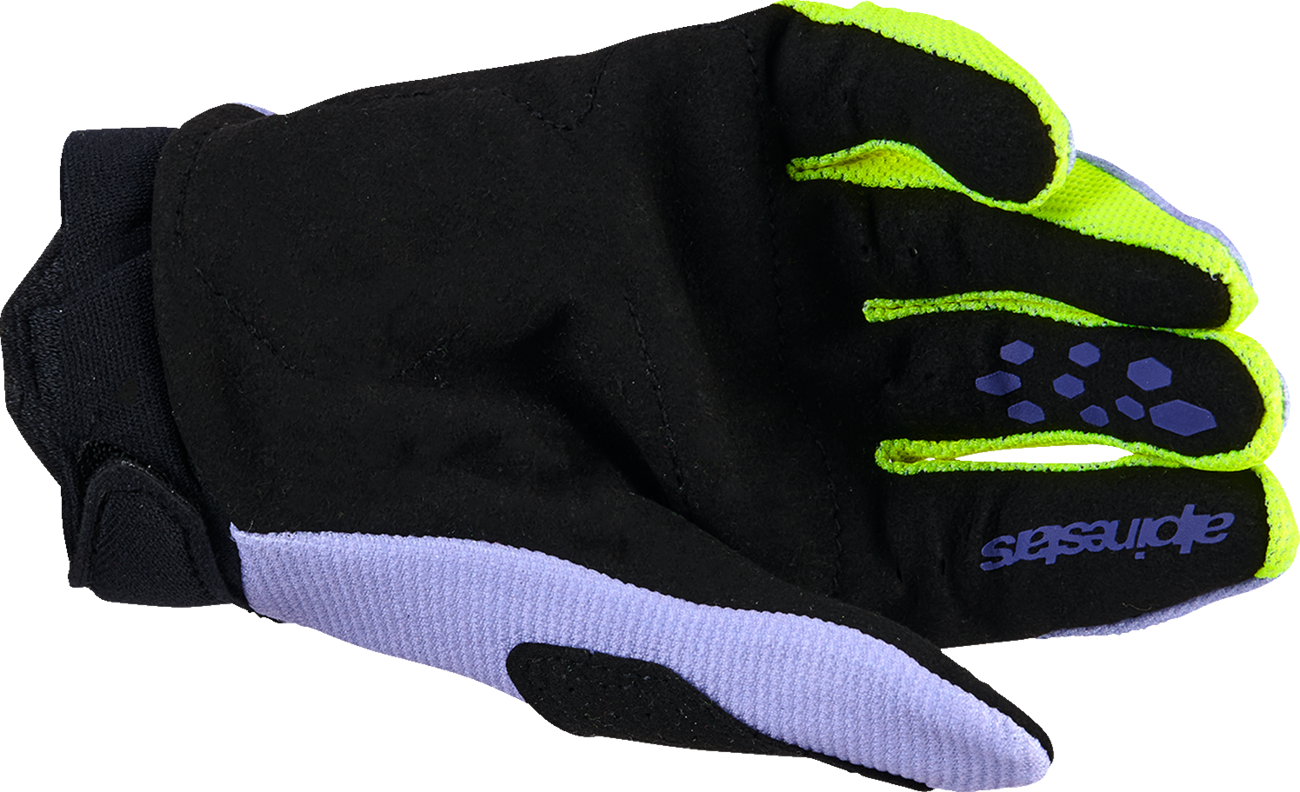 Alpinestars Youth Full Bore V2 gloves in purple and fluo yellow, size 2XS, featuring protective knuckles and breathable fabric.