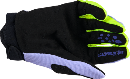 Alpinestars Youth Full Bore V2 gloves in purple and fluo yellow, size 2XS, featuring protective knuckles and breathable fabric.