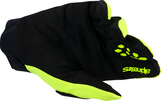 Alpinestars Youth Full Bore V2 gloves in fluo yellow and black, medium size, showing protective design and vibrant colors.