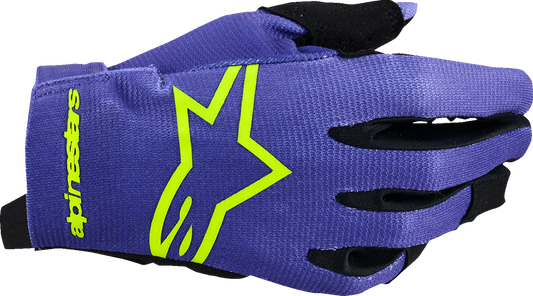 Alpinestars Youth Radar Gloves in purple and fluo yellow, medium size, showing protective padding and vibrant color design.