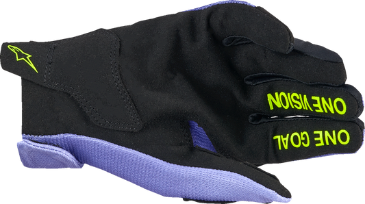 Alpinestars Youth Radar Gloves in purple and fluo yellow with protective padding, medium size, designed for motocross or riding.