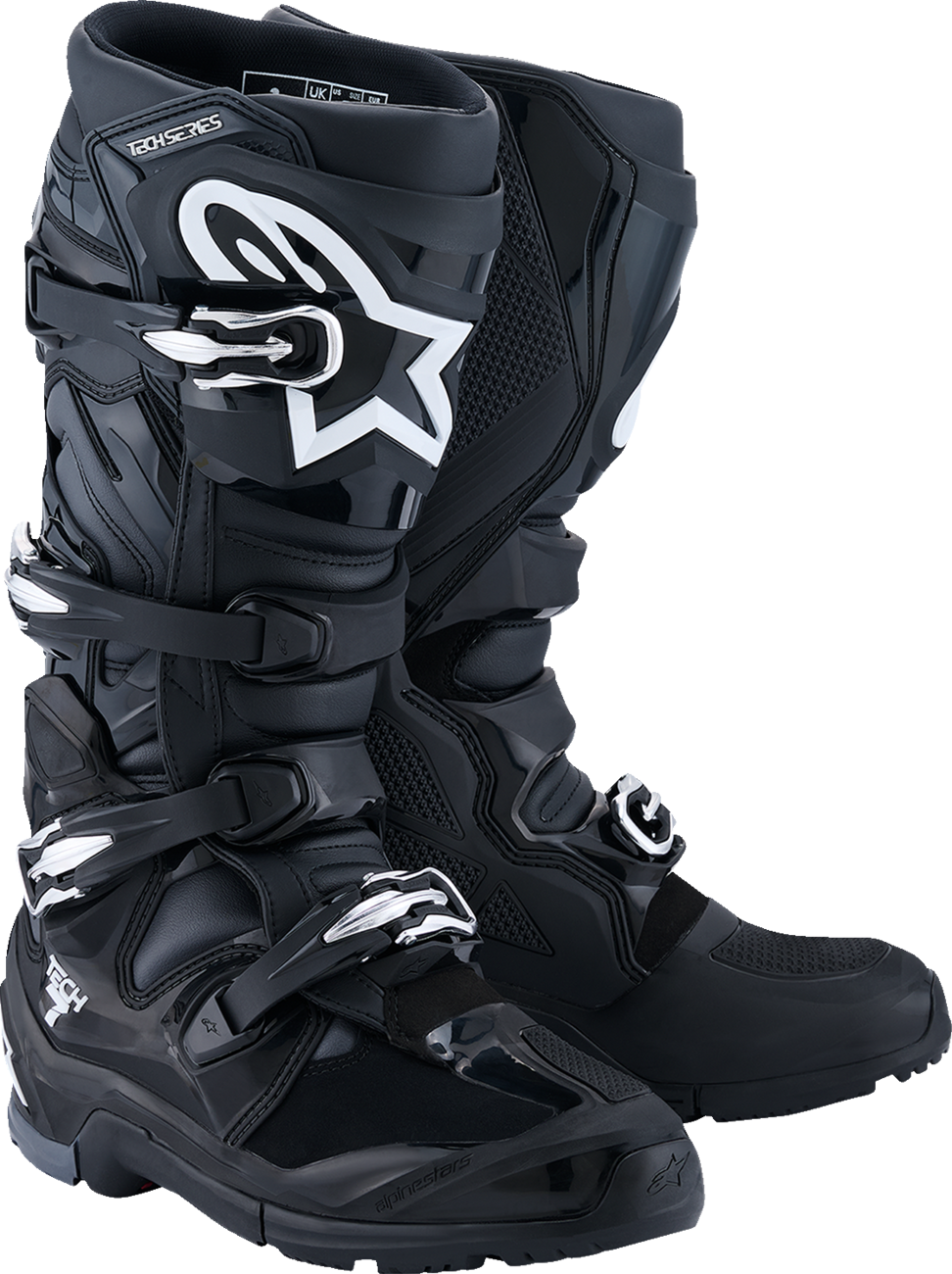 Alpinestars Tech 7 Enduro motorcycle boots in black, anthracite, and white with US 12 size, showing durable design and protective features.