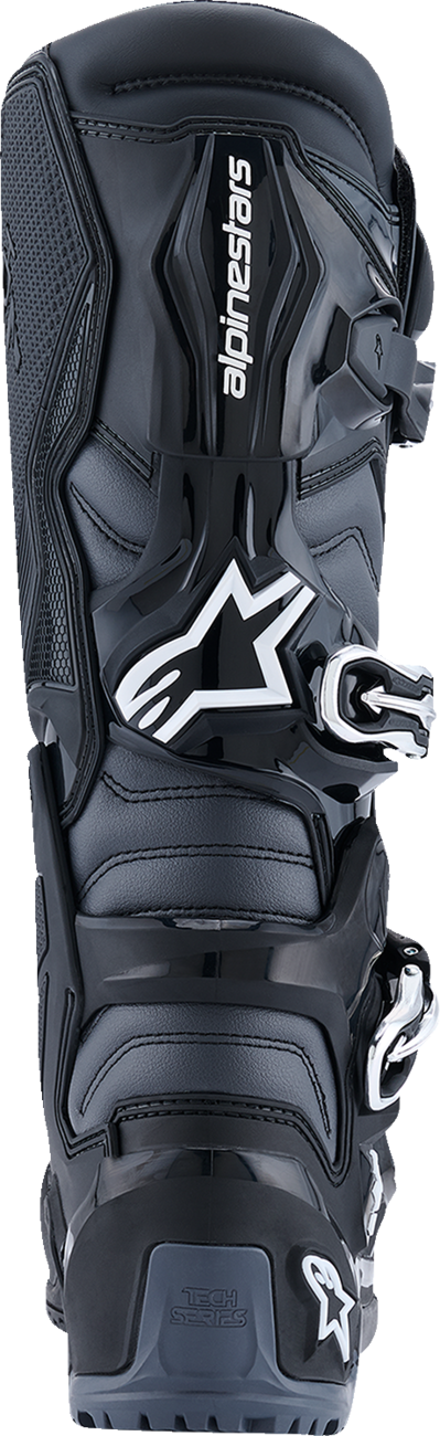 Alpinestars Tech 7 Enduro Boots in black, anthracite, and white, US size 12, showing protective design and sturdy construction.