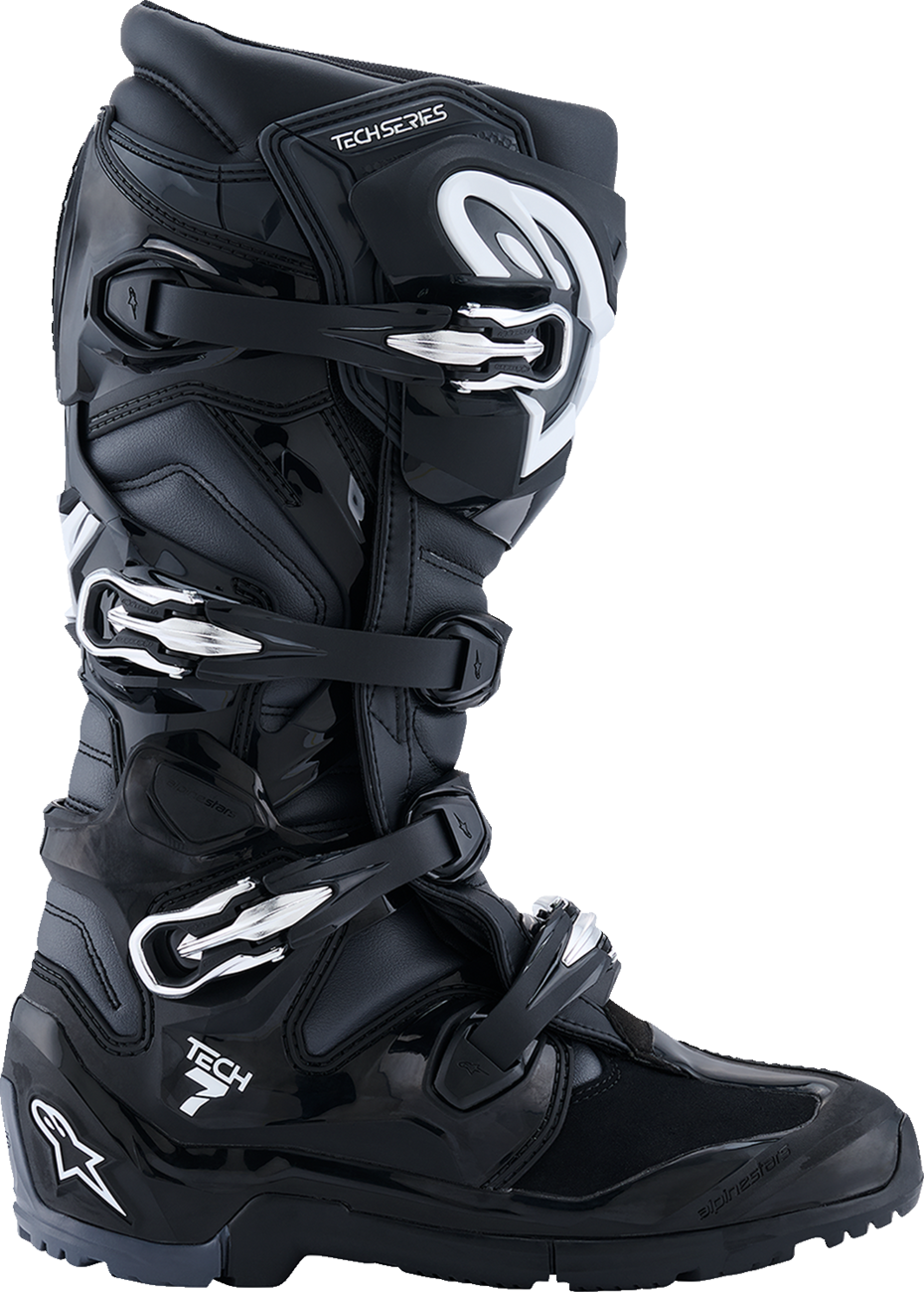 Alpinestars Tech 7 Enduro motorcycle boots in black, anthracite, and white, US 12, showing sturdy design and protective features.