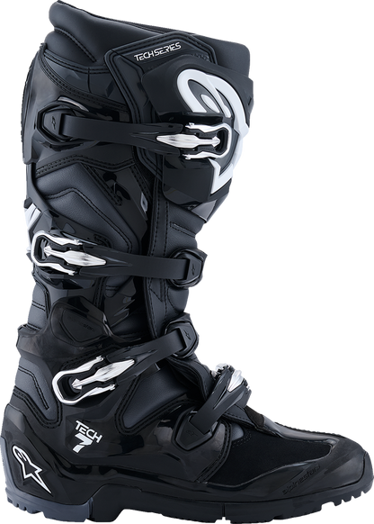 Alpinestars Tech 7 Enduro motorcycle boots in black, anthracite, and white, US 12, showing sturdy design and protective features.