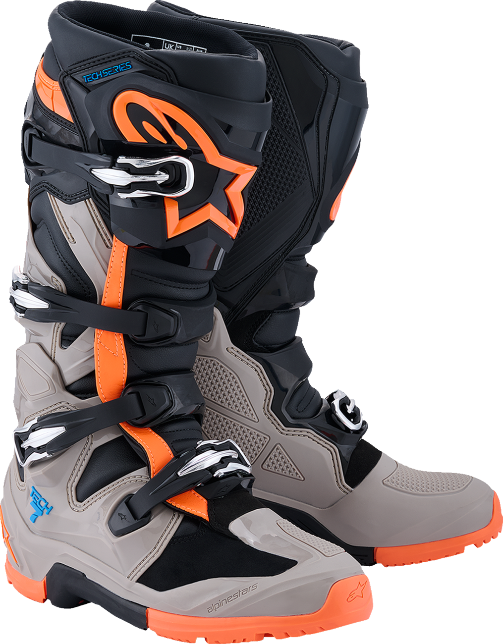 Alpinestars Tech 7 Enduro motorcycle boots in black, warm gray, and fluorescent orange with US size 8, showing rugged design and protective features.