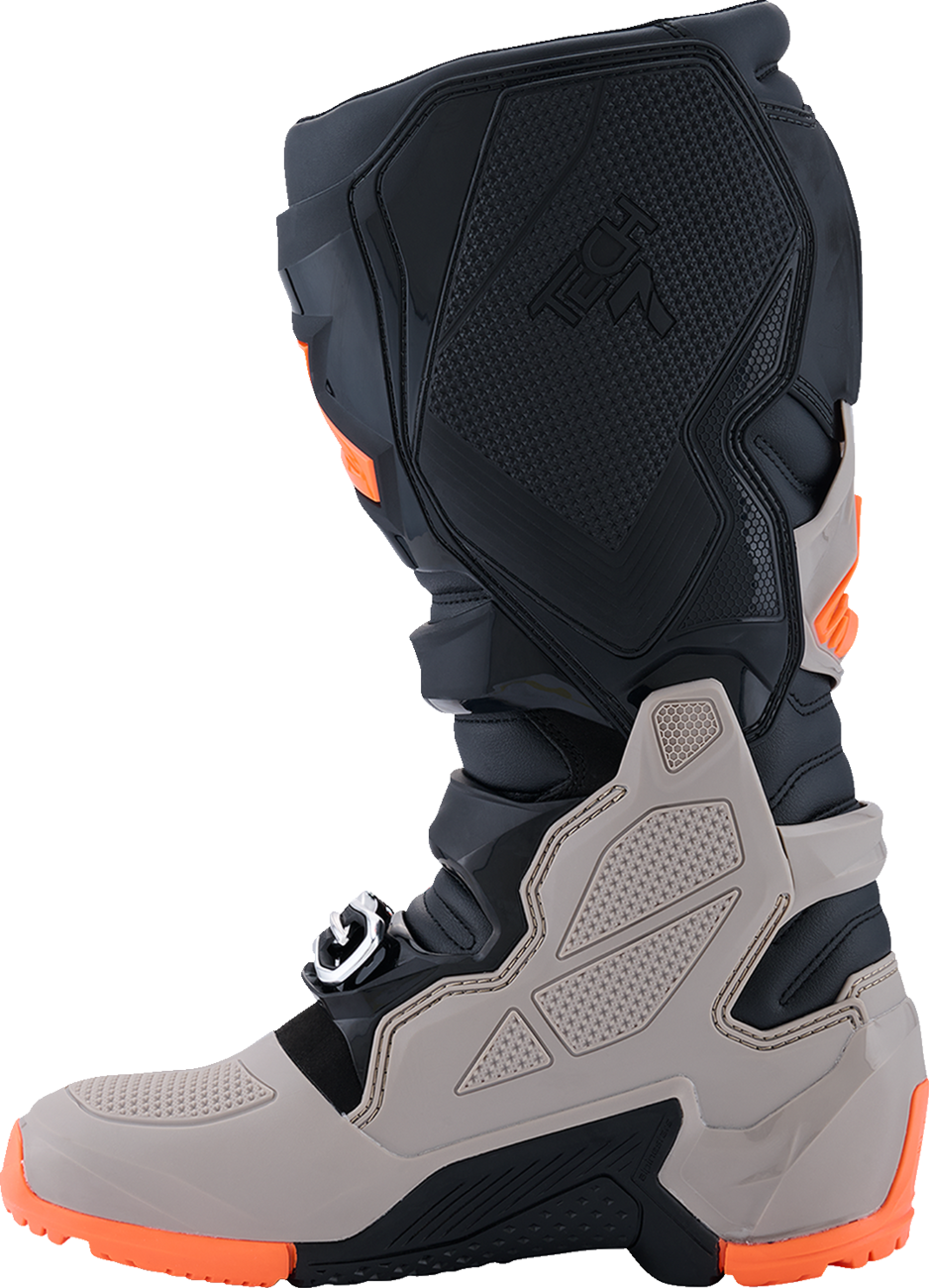 Alpinestars Tech 7 Enduro motorcycle boots in black, warm gray, and fluorescent orange, US size 8, showing rugged design and protective features.