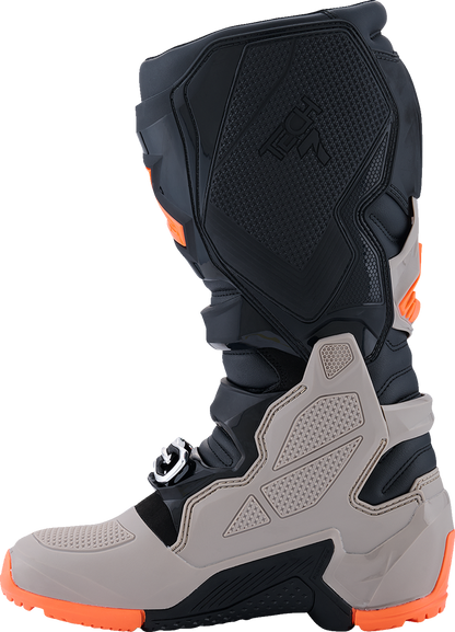 Alpinestars Tech 7 Enduro motorcycle boots in black, warm gray, and fluorescent orange, US size 8, showing rugged design and protective features.