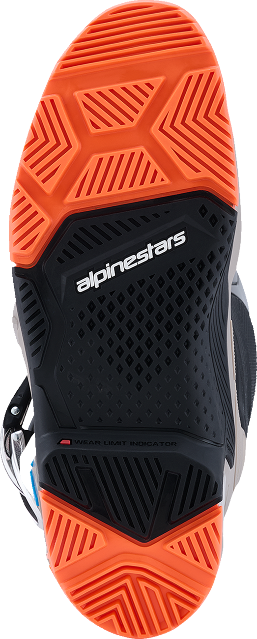 Alpinestars Tech 7 Enduro motorcycle boots in black, warm gray, and fluorescent orange, US size 8, with protective design.
