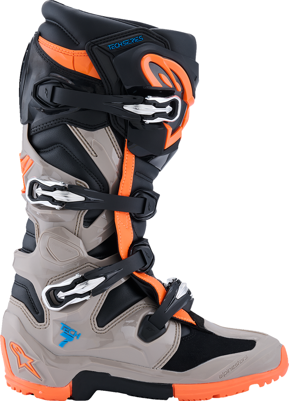 Alpinestars Tech 7 Enduro motorcycle boots in black, warm gray, and fluorescent orange, US size 8, showing side view with protective features.