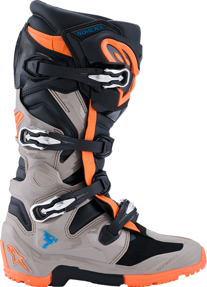 Alpinestars Tech 7 Enduro motorcycle boots in black, warm gray, and fluorescent orange, US size 8, showing side view with protective features.