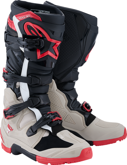 Alpinestars Tech 7 Enduro motorcycle boots in black, light gray, and bright red with US size 8, showcasing durable riding footwear.