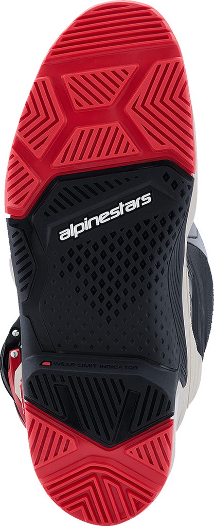 Alpinestars Tech 7 Enduro motorcycle boots in black, light gray, and bright red with protective design and buckles, US size 8.