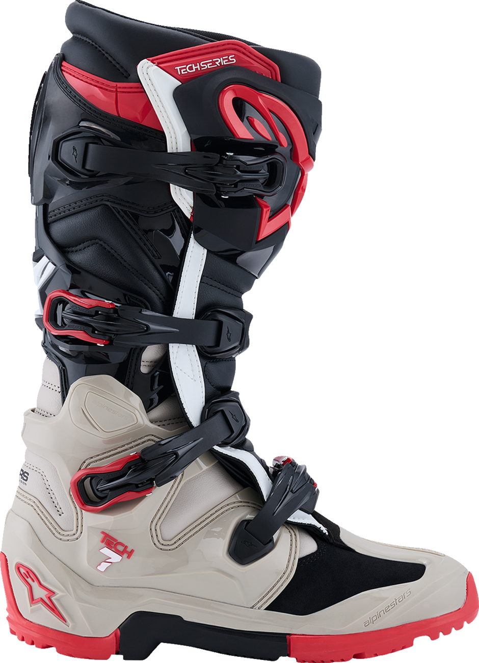 Alpinestars Tech 7 Enduro motorcycle boots in black, light gray, and bright red, US size 8, with protective design features