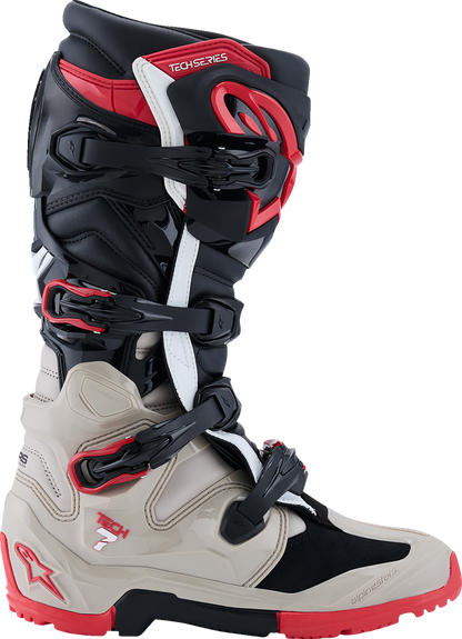 Alpinestars Tech 7 Enduro motorcycle boots in black, light gray, and bright red, US size 8, with protective design features