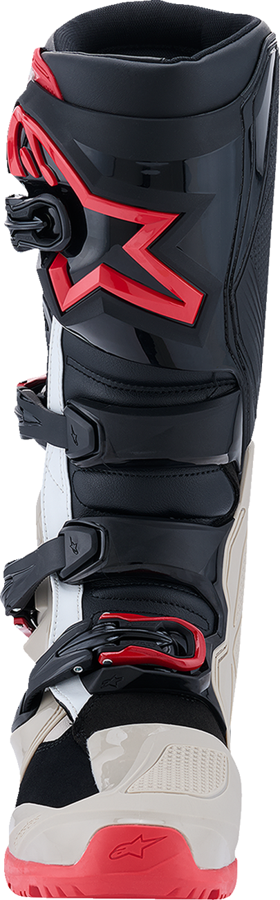Alpinestars Tech 7 Enduro motorcycle boots in black, light gray, and bright red with sturdy construction, US size 8.