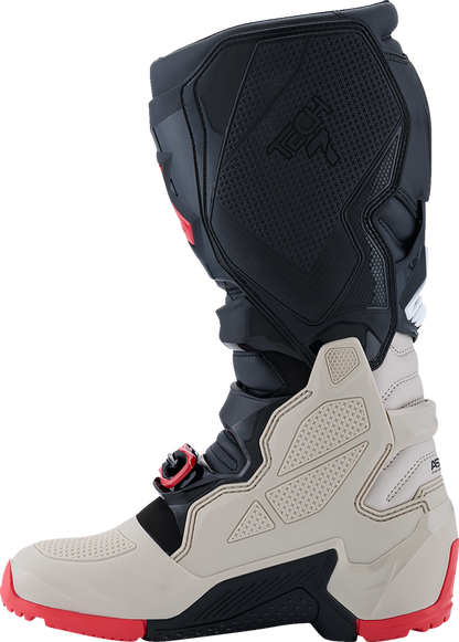 Alpinestars Tech 7 Enduro motorcycle boots in black, light gray, and bright red with US size 8, showing the sturdy design and branding.