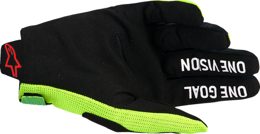 Alpinestars Radar Pro motorcycle gloves in green, fluo yellow, and pink, small size, with protective knuckles and breathable material.