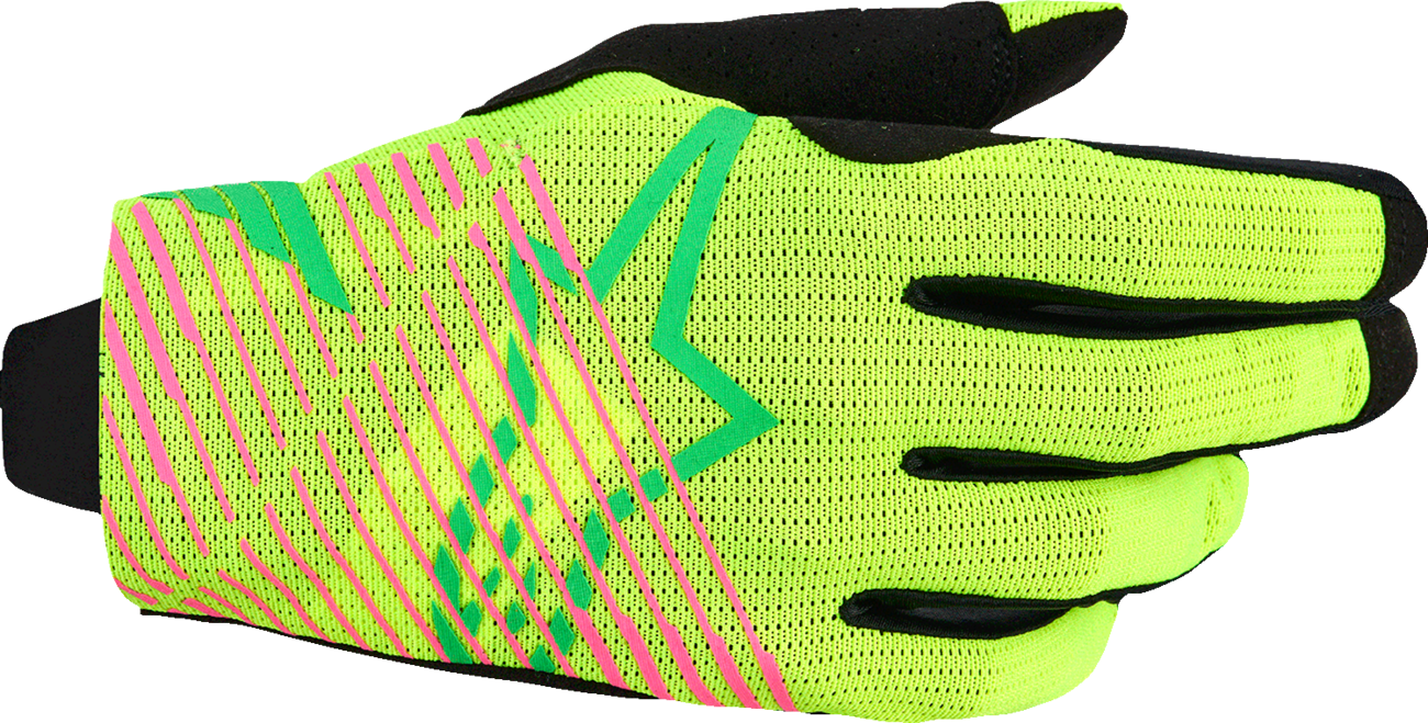 Alpinestars Radar Pro motorcycle gloves in green, fluo yellow, and pink, size large, with protective padding and breathable fabric.