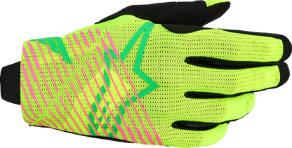 Alpinestars Radar Pro motorcycle gloves in green, fluo yellow, and pink, size large, with protective padding and breathable fabric.
