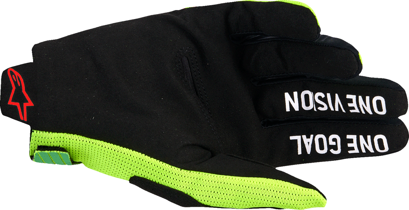 Alpinestars Radar Pro motorcycle gloves in green, fluo yellow, and pink, large size, with protective knuckle guards and breathable fabric.