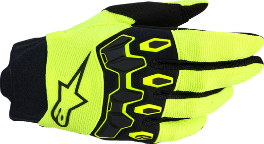 Alpinestars Full Bore V2 motorcycle gloves in fluo yellow and black, size large, showing the protective design and brand logo.